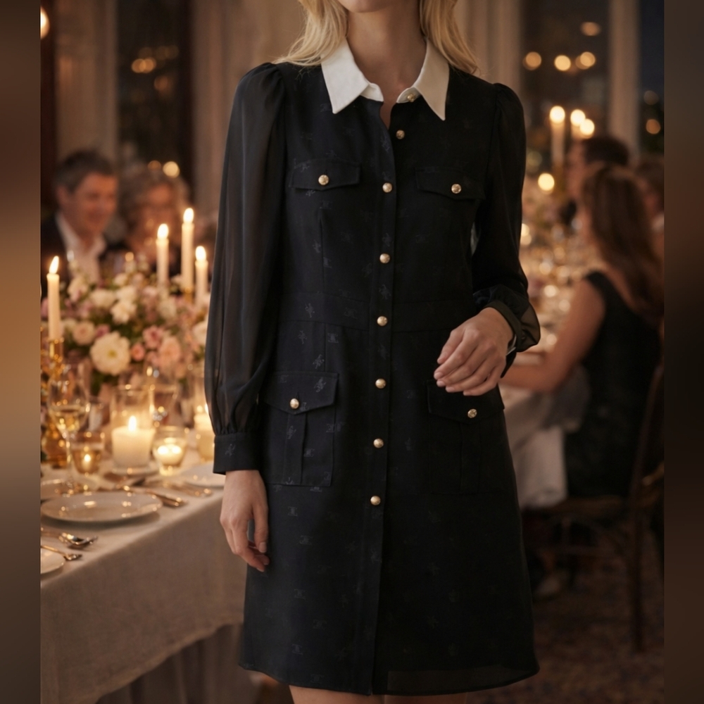 Celine-Black Dress with White Collar& Gold Celine Buttons-made in Italy-luxury - Picture 2 of 16